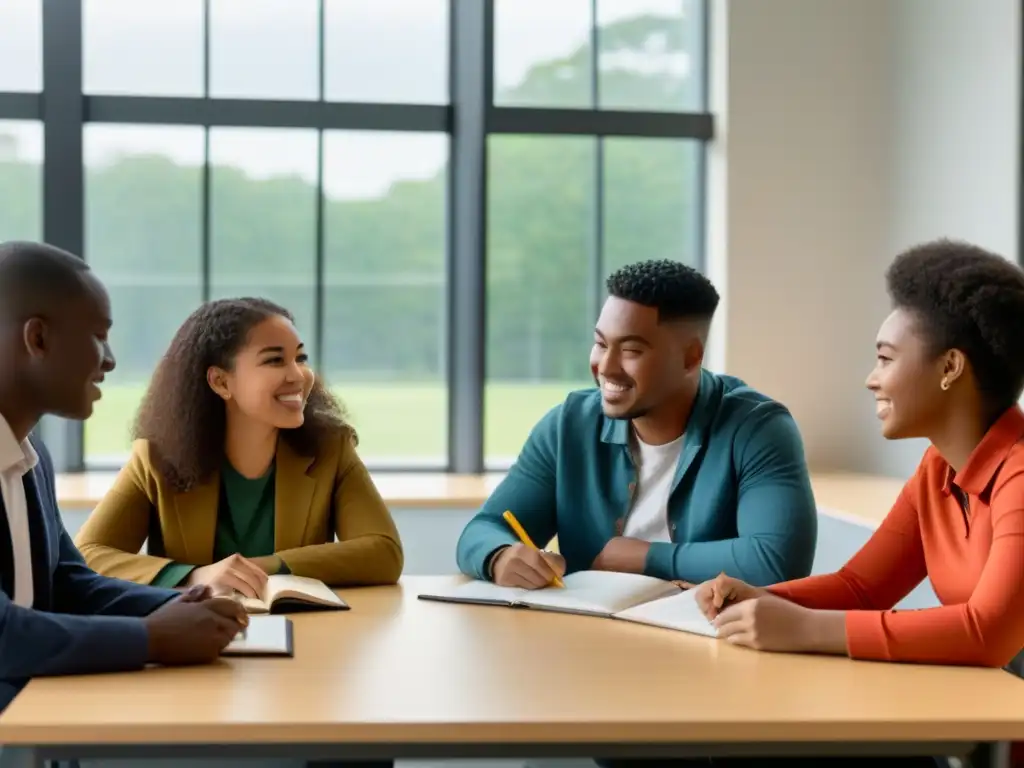 Inspiradora colaboración entre estudiantes de diversas etnias en aula moderna