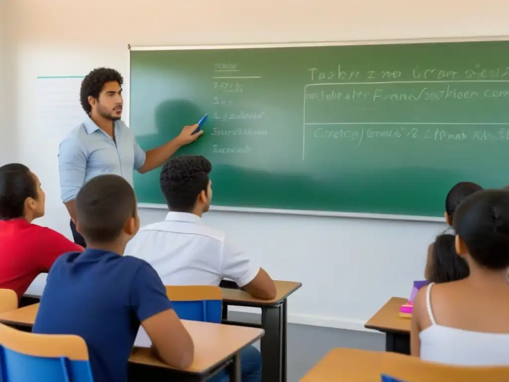 Clase de educación financiera para jóvenes en Uruguay Inspiradora educación financiera para jóvenes uruguayos en aula con profesor y estudiantes atentos tomando apuntes