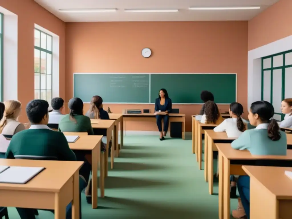 Aula innovadora en Uruguay: colaboración y aprendizaje Inspiradora ilustración de grupo diverso en aula uruguaya, representando colaboración y aprendizaje