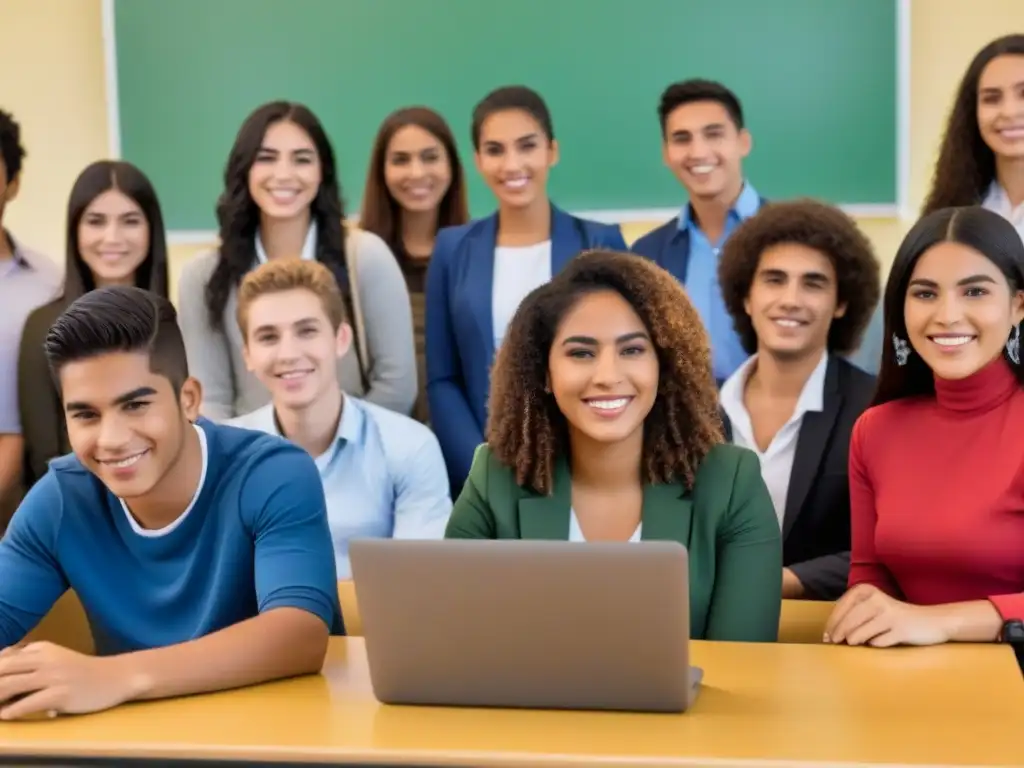 Inspiradora imagen de aula moderna en Uruguay; estudiantes diversos colaboran con tecnología educativa