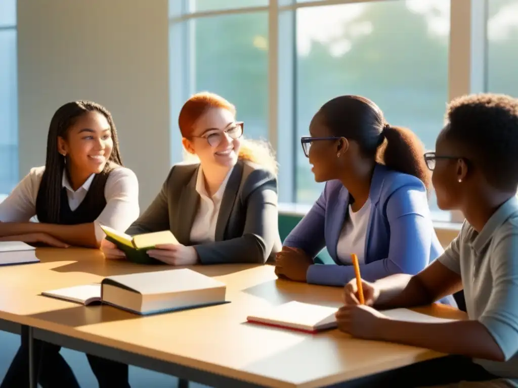 Inspiradora imagen de diversidad y colaboración en aula moderna