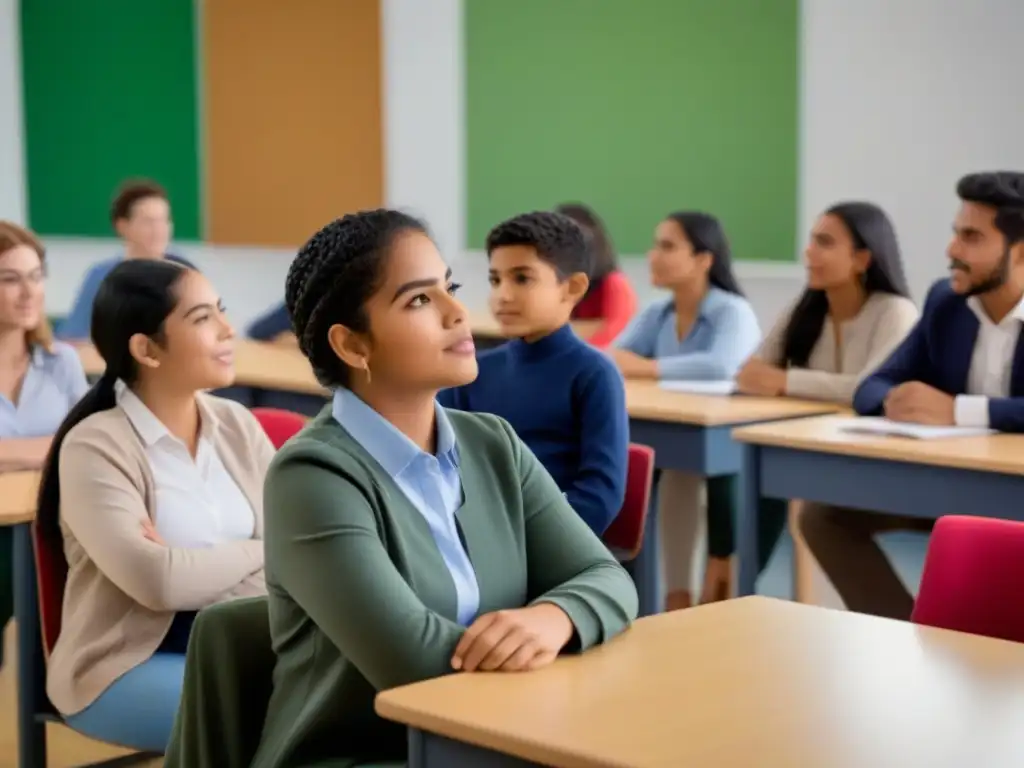 Inspiradora imagen de diversidad y diálogo en aula moderna, destacando beneficios del bilingüismo para inclusión social en Uruguay