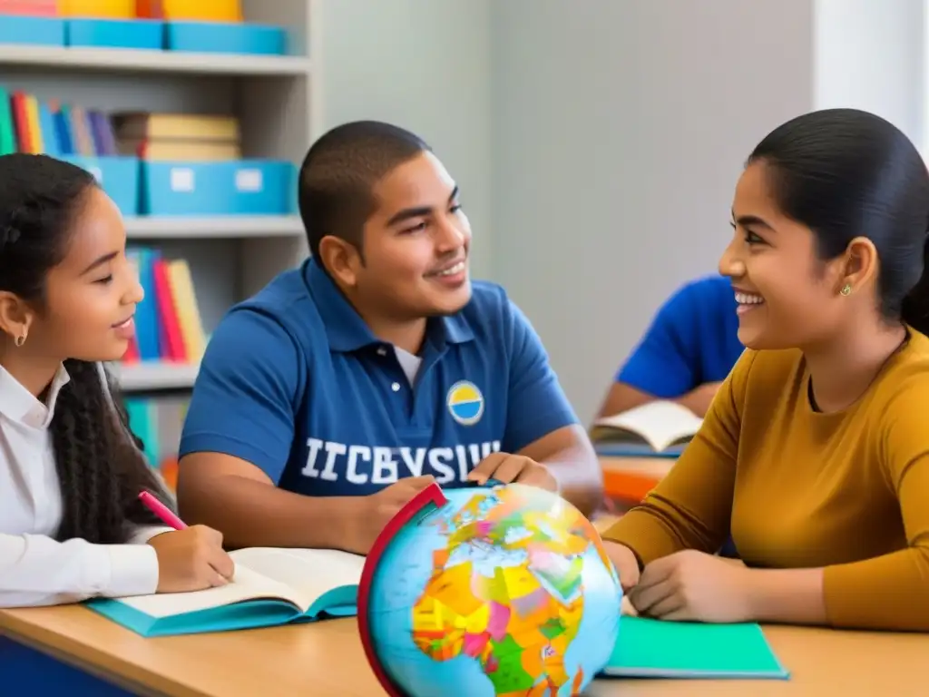 Inspiradora imagen de estudiantes diversos en un aula animada, representando la riqueza de la educación bilingüe y habilidades globales en Uruguay