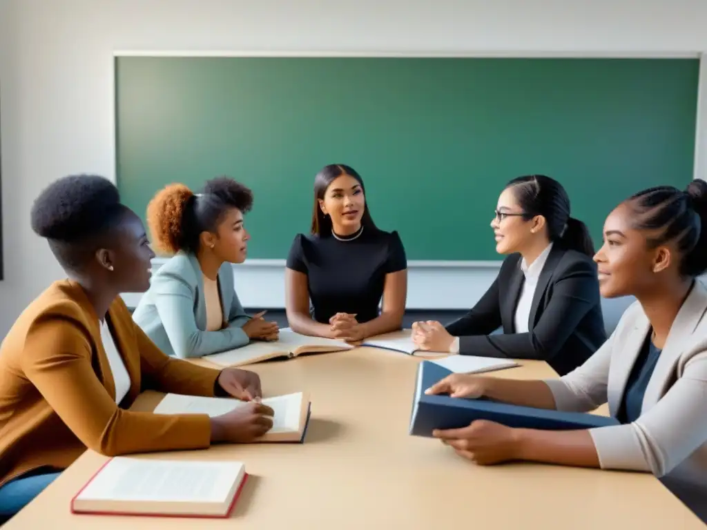 Una inspiradora imagen de estudiantes universitarios diversos debatiendo en un aula moderna