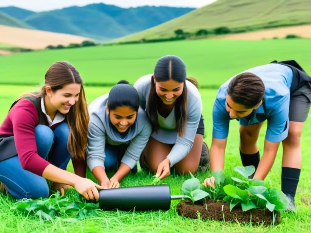 Inspiradora imagen de educación rural uruguaya con estudiantes colaborando en proyectos comunitarios en un entorno natural