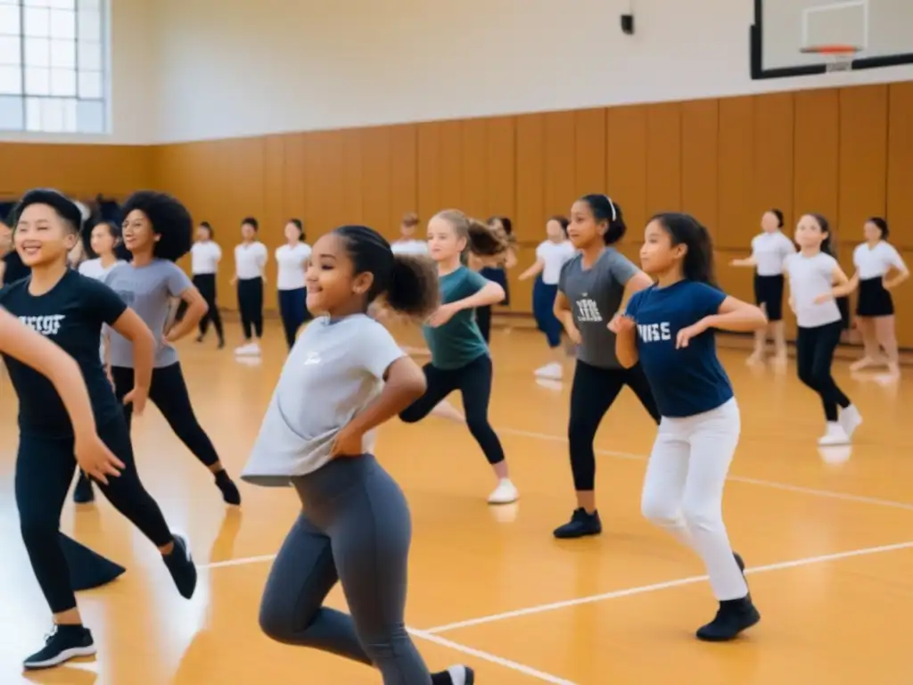 Inspiradora integración de danza y educación física, alumnos diversos bailan sincronizados en un gimnasio luminoso