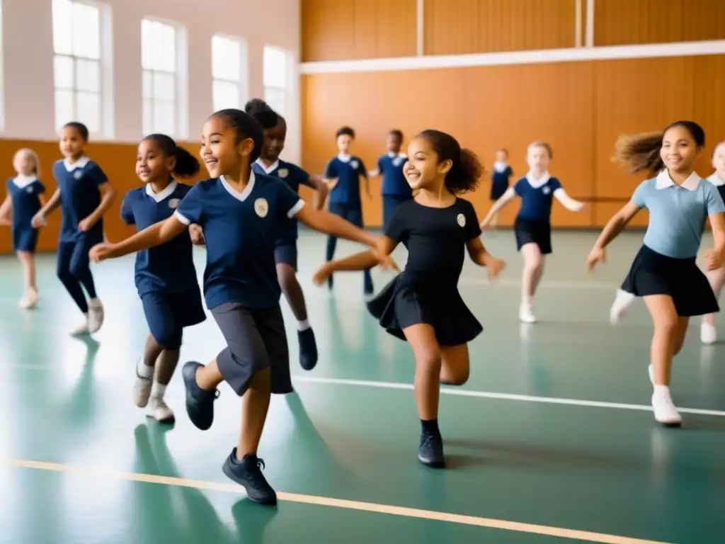 Inspiradora integración de danza y educación física en una coreografía grupal de niños en un gimnasio escolar