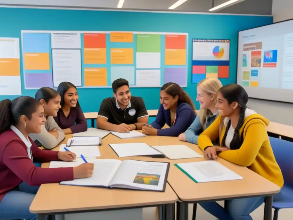 Inspiradora adaptación sistema educativo con estudiantes migrantes y uruguayos colaborando en aula moderna