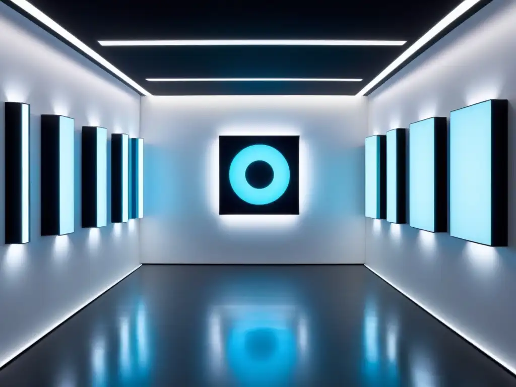 Una instalación artística futurista y minimalista que fusiona arte y tecnología, reflejando un desarrollo cognitivo innovador con arte