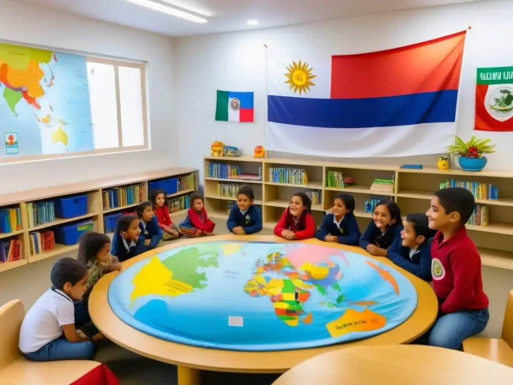 Integración cultural en escuelas Uruguay: Niños de diversas culturas comparten historias y artefactos en aula colorida