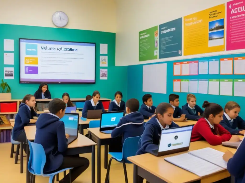 Integración tecnologías educación Uruguay: Aula moderna llena de estudiantes usando laptops y tablets, colaborando en proyecto educativo