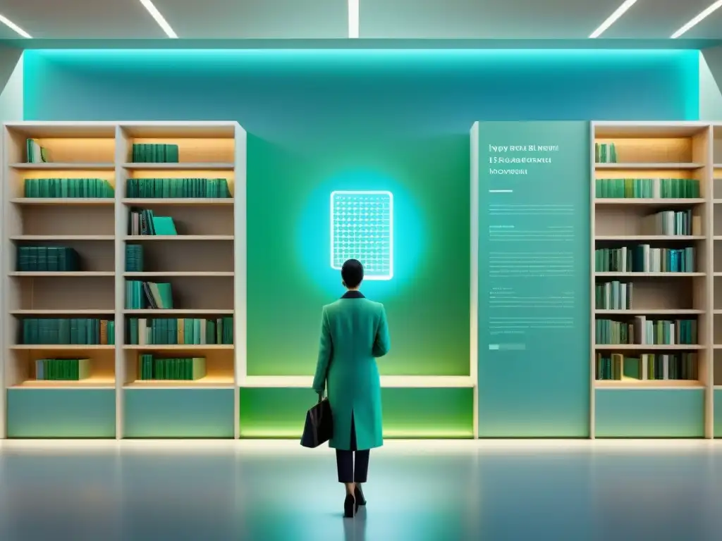 Interfaz digital de biblioteca futurista en Uruguay Interfaz de biblioteca digital futurista con tonos azules y verdes, íconos de libros y símbolos matemáticos