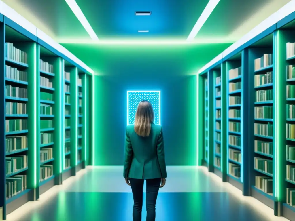 Interfaz de biblioteca digital futurista con tecnología blockchain en Uruguay
