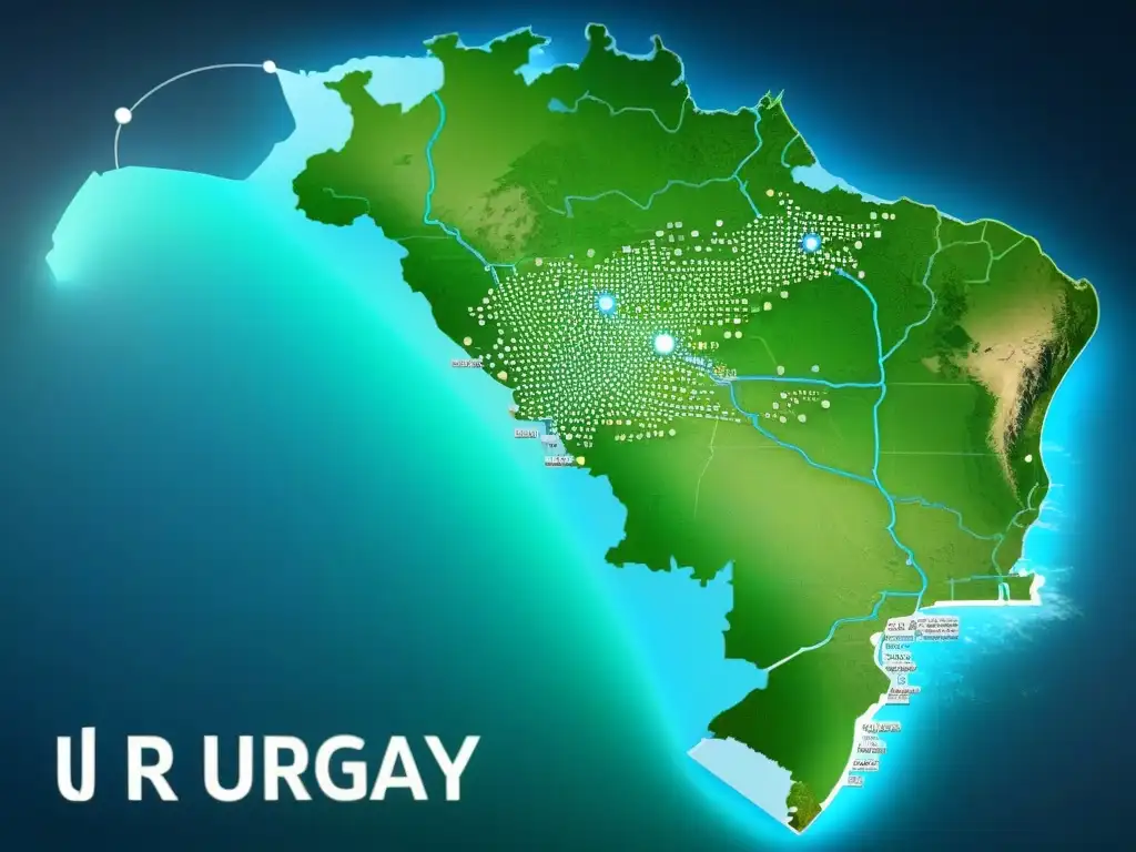 Interfaz digital futurista con datos educativos sobre mapa de Uruguay, fusionando tecnología y educación