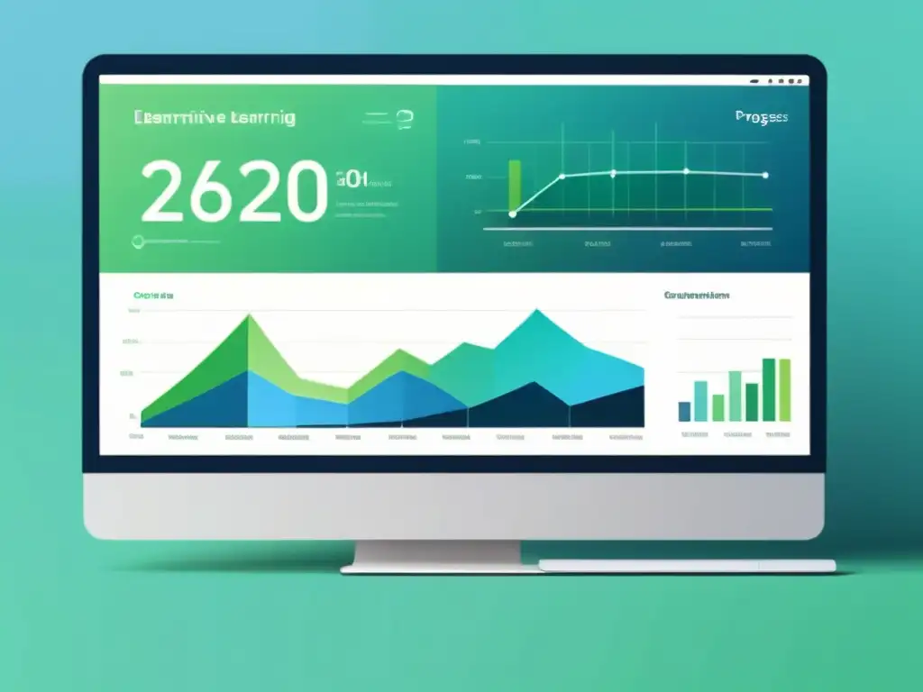 Interfaz moderna de elearning con gráficos interactivos de analítica de aprendizaje en colores calmados y diseño minimalista
