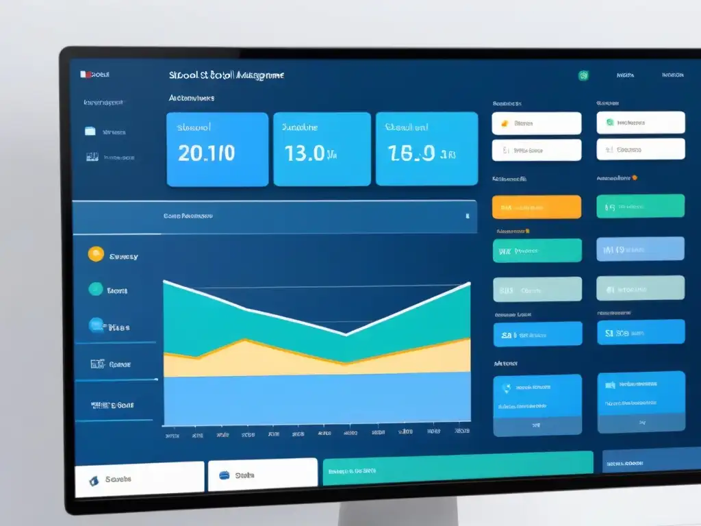 Interfaz moderna de software gestión educativa en Uruguay: gráficos coloridos y diseño minimalista en pantalla de alta resolución