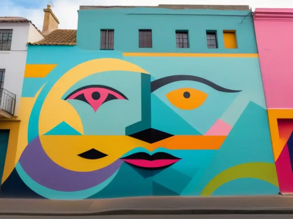 Mural urbano en Uruguay: detallado y vibrante Intrincado mural urbano en Uruguay con formas geométricas, colores vibrantes y figuras abstractas