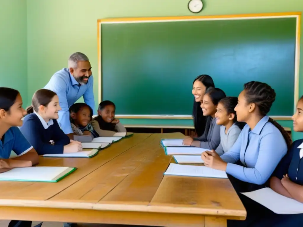 Involucramiento comunidad educativa en Uruguay: Reunión en escuela rural entre padres, maestros y estudiantes, compartiendo y aprendiendo juntos