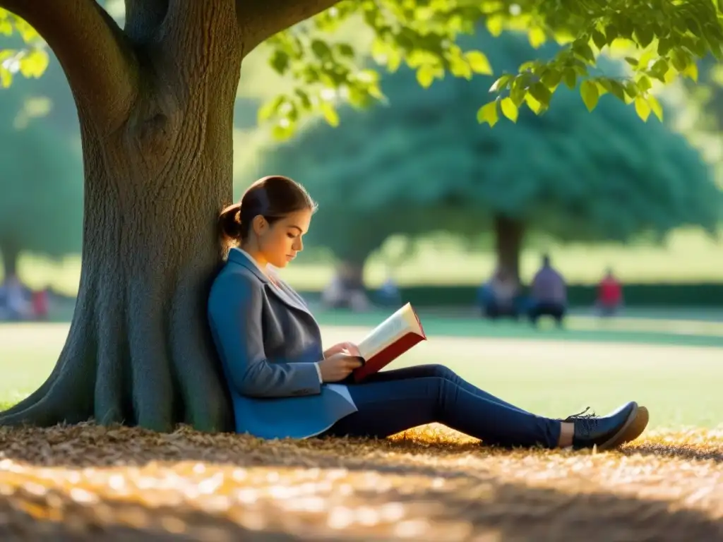 Joven leyendo bajo un árbol en un parque, con luz suave entre las hojas