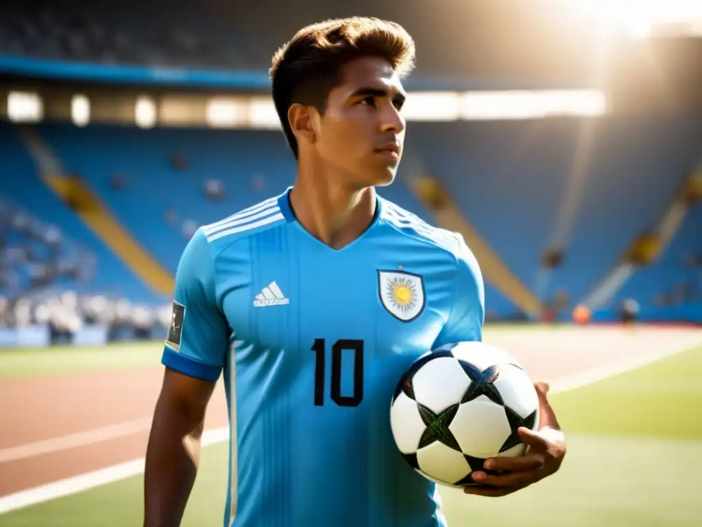 Joven atleta con determinación, vistiendo camiseta de la selección de Uruguay, en estadio soleado