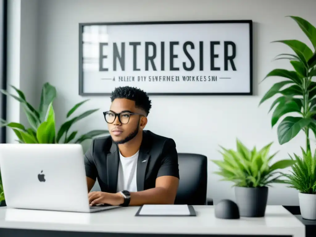 Un joven emprendedor en su oficina moderna, rodeado de plantas y frases motivacionales, reflejando profesionalismo y enfoque