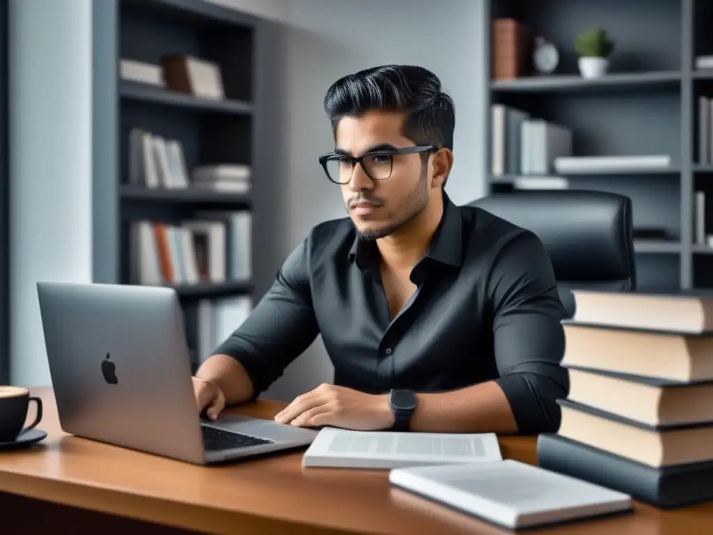 Joven emprendedor uruguayo concentrado en su escritorio moderno, rodeado de libros, laptop y café, mostrando determinación y enfoque