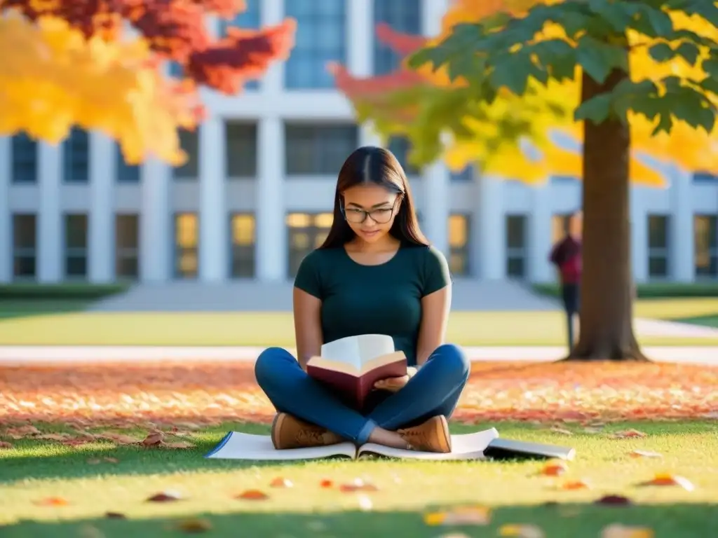 Joven estudiante concentrado leyendo en el césped universitario rodeado de hojas otoñales