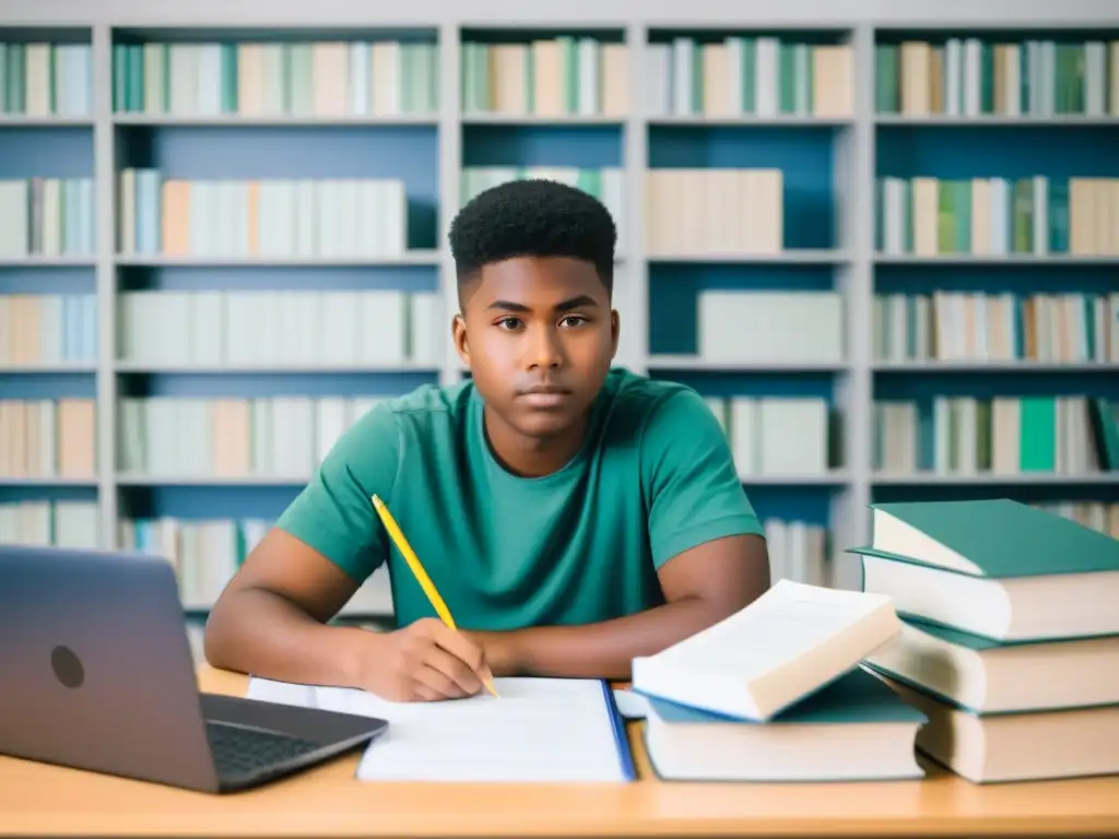 Un joven estudiante concentrado en su escritorio rodeado de libros, un portátil y documentos financieros, reflejando determinación y confianza