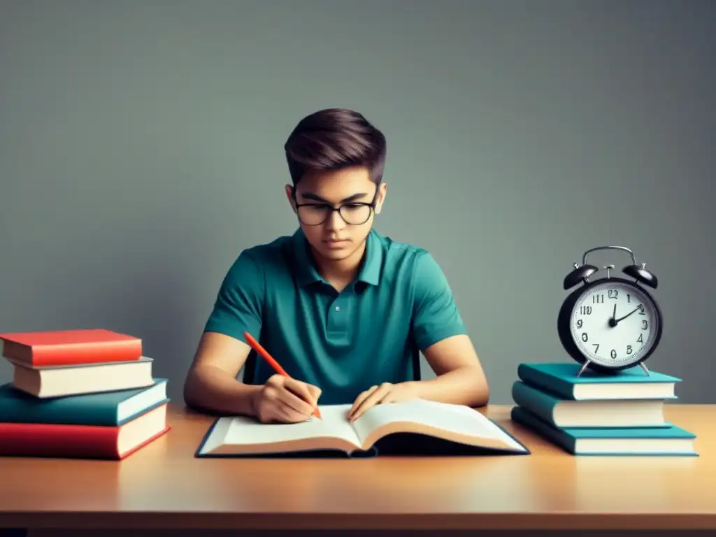 Joven estudiante concentrado rodeado de libros, reloj en el fondo