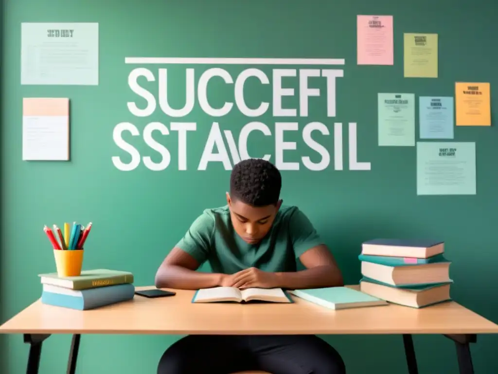 Estudiante enfocado: estrategias para el éxito académico Joven estudiante enfocado en su escritorio ordenado, rodeado de libros y citas motivacionales, reflejando estrategias de éxito para estudiantes