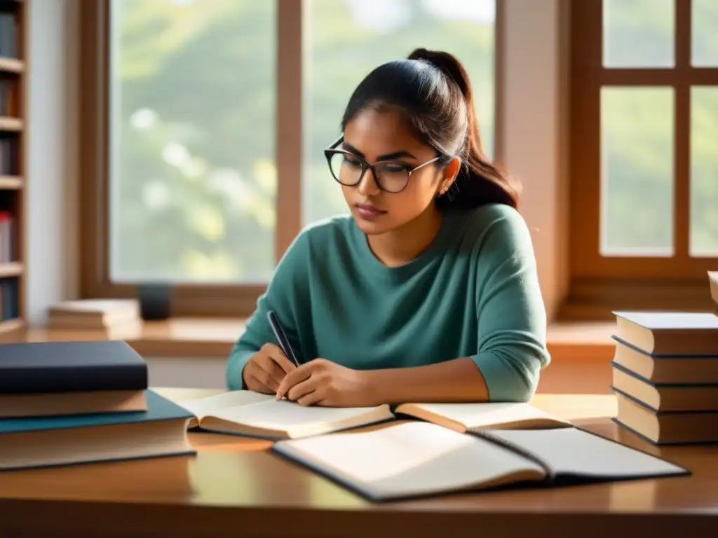 Una joven estudiante hispana, con determinación y resiliencia, estudia rodeada de libros