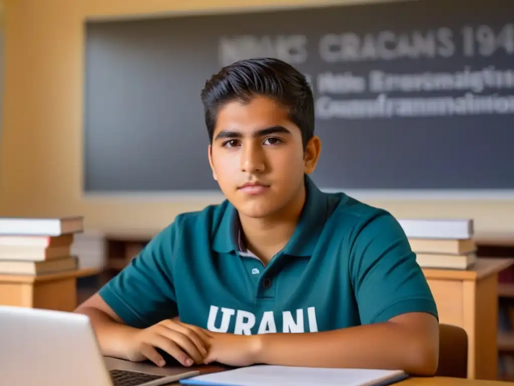 Joven estudiante uruguayo concentrado en educación financiera entre libros y laptop en aula moderna