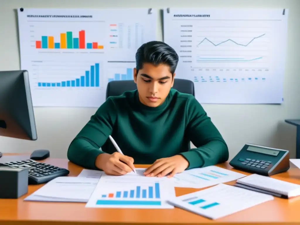 Estudiante uruguayo planificando su futuro financiero con determinación Joven estudiante uruguayo concentrado en educación financiera rodeado de herramientas de planificación