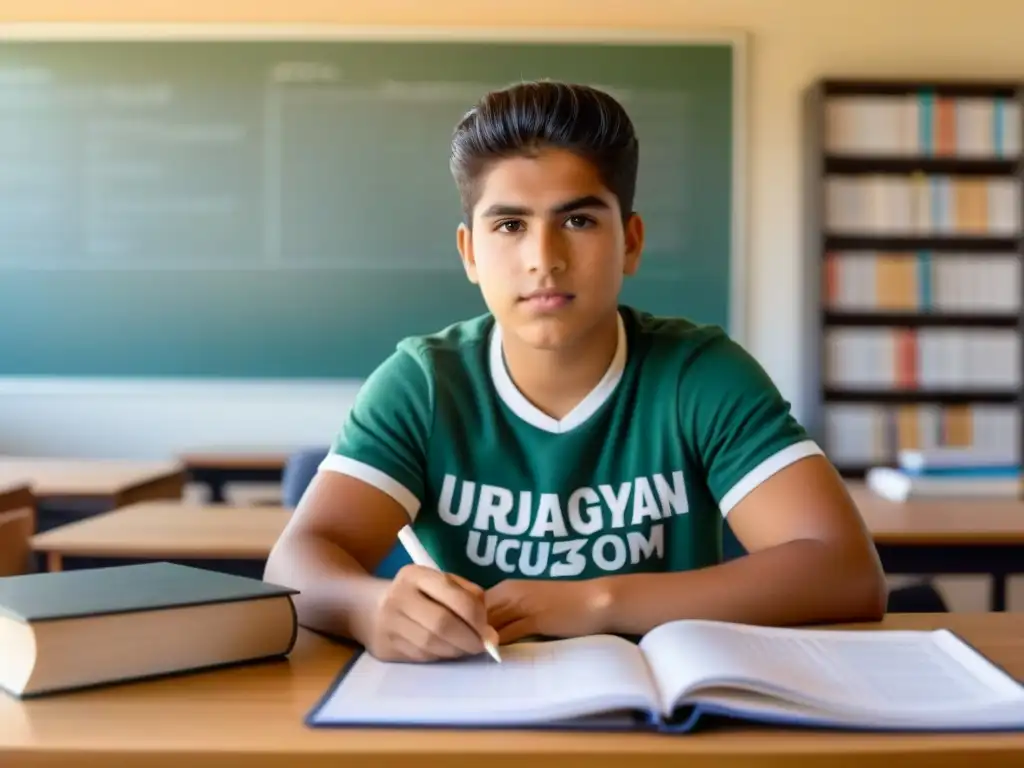 Joven estudiante uruguayo enfocado en educación financiera Joven estudiante uruguayo inmerso en la educación financiera, rodeado de libros y gráficos, con determinación y curiosidad