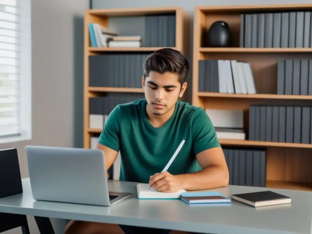 Joven uruguaya estudiando planificación financiera en un escritorio ordenado