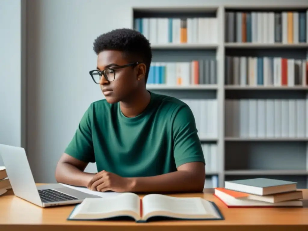 Un joven se sumerge en educación financiera para jóvenes Uruguay, rodeado de libros y gráficos, en su moderno escritorio iluminado