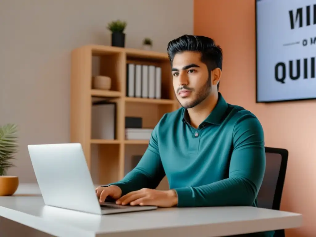 Joven profesional uruguayo aprendiendo en su espacio de trabajo con cursos online gratuitos en Uruguay