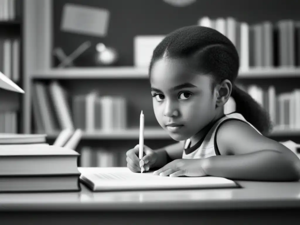 Una joven estudia rodeada de libros y herramientas educativas en un dibujo de lápiz en blanco y negro, simbolizando la Educación Integral de la Mujer