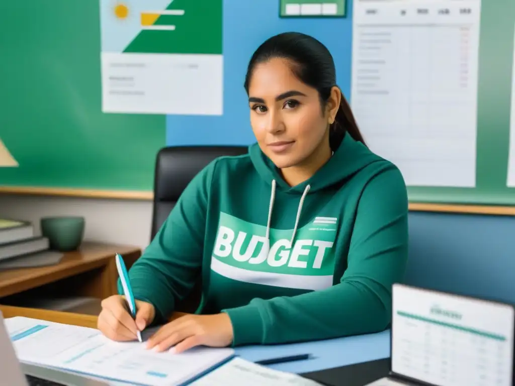 Joven uruguayo planificando finanzas rodeado de libros y laptop, expresando determinación