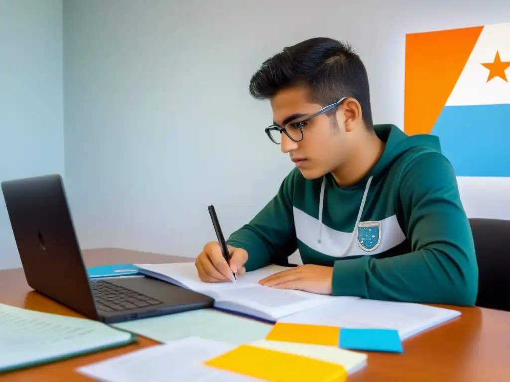Estudiante uruguayo inmerso en el estudio financiero Joven uruguayo estudia finanzas con determinación, rodeado de libros y una laptop con gráficos, bandera de Uruguay al fondo