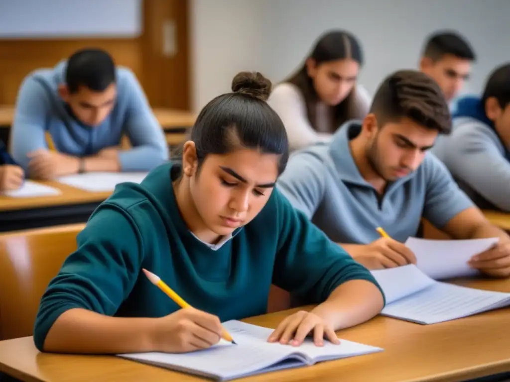 Joven uruguayo nervioso en examen rodeado de compañeros tranquilos, destacando la ansiedad en la educación
