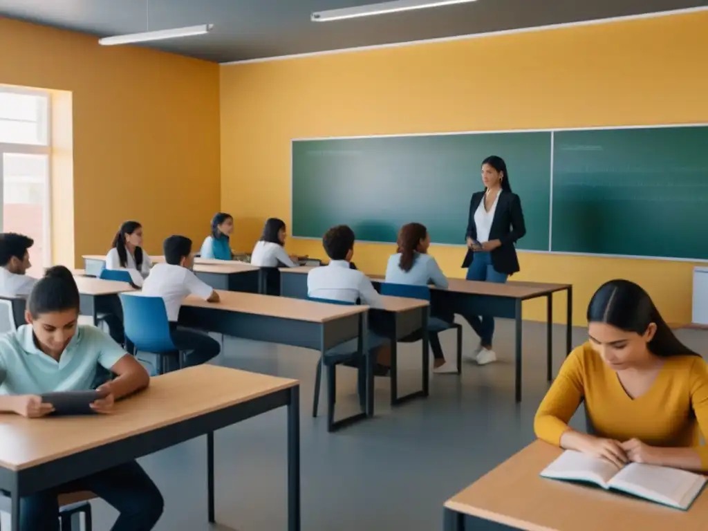 Aula tecnológica innovadora en Uruguay Jóvenes en un aula moderna de Uruguay, con tecnología educativa innovadora