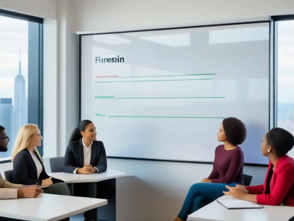 Jóvenes aprendiendo sobre inversión en un aula moderna con vista a la ciudad