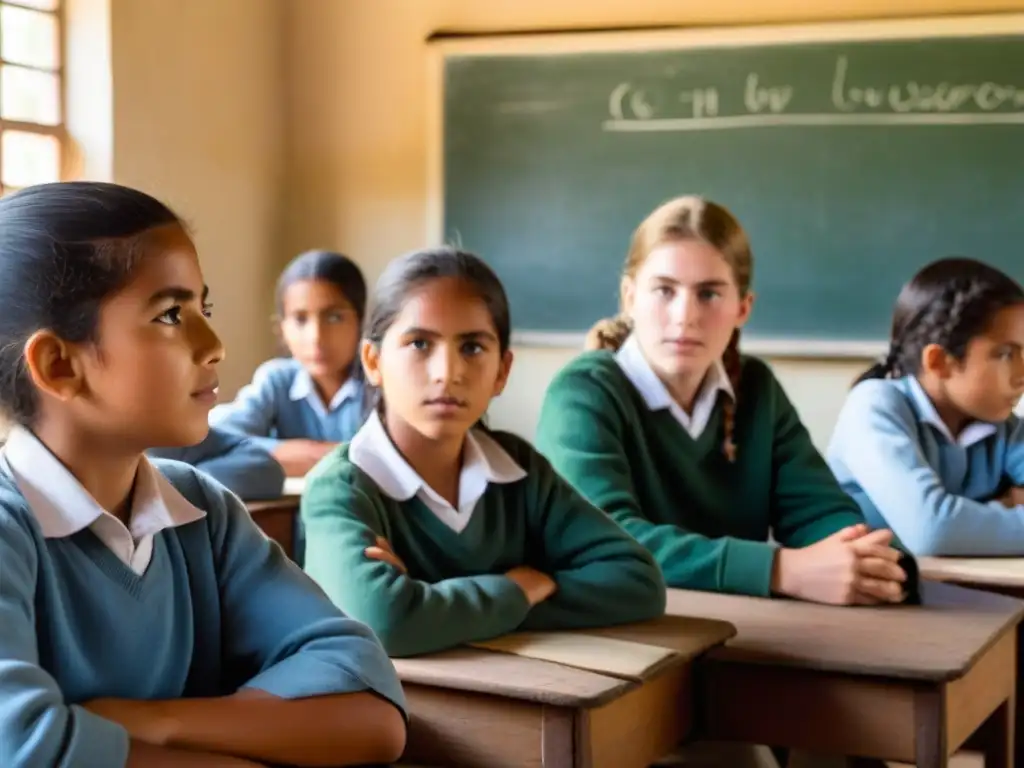 Jóvenes en aula rural en Uruguay, escuchan atentos a su maestro, expresando curiosidad y determinación