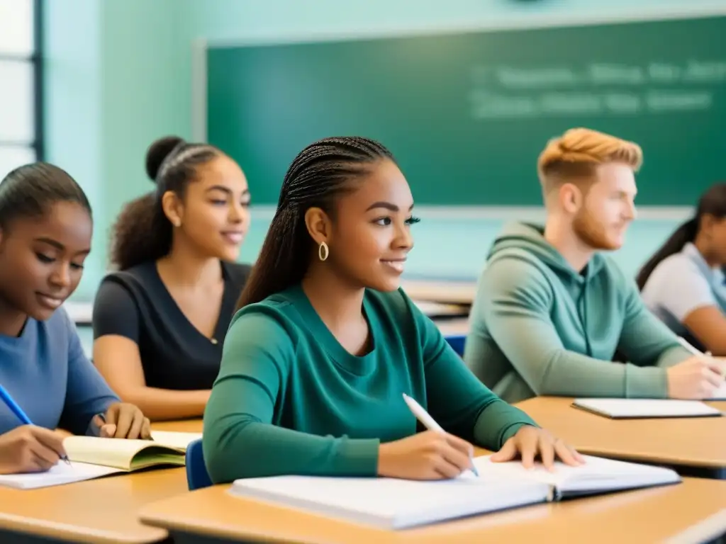 Jóvenes en clase de educación financiera en Uruguay, concentrados en aprender conceptos financieros