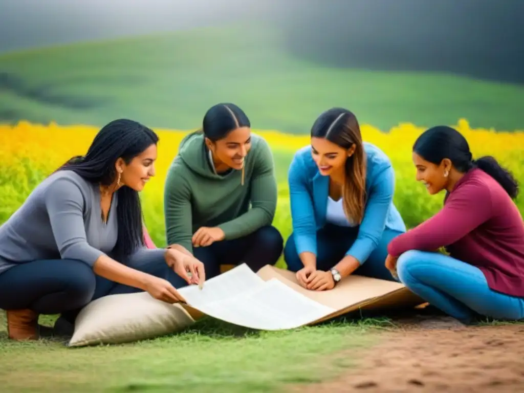 Jóvenes y docentes colaboran en proyecto educativo comunitario en Uruguay, rodeados de naturaleza y materiales educativos coloridos
