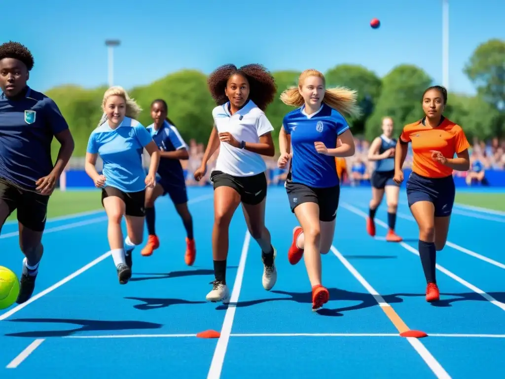 Jóvenes de distintas edades y etnias practican deporte juntos en un campo inclusivo en Uruguay, promoviendo la inclusión deportiva