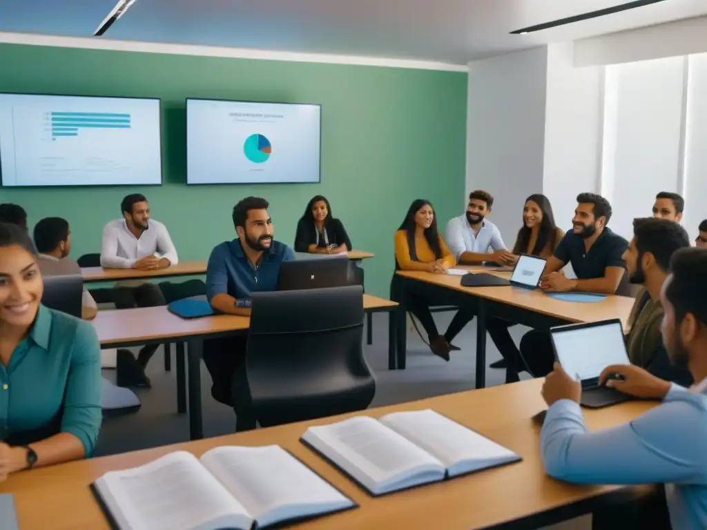 Jóvenes emprendedores participan activamente en una clase de educación bilingüe en Uruguay