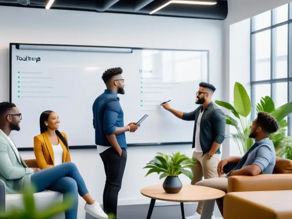 Jóvenes emprendedores en coworking moderno ideando planes de negocios en pizarra blanca, reflejando ambiente innovador y colaborativo