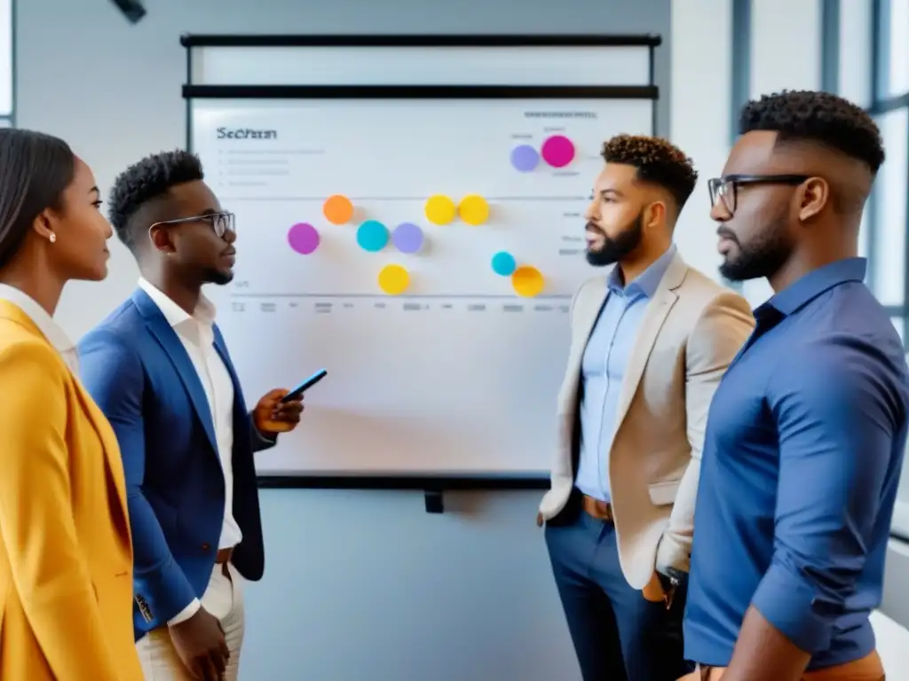 Jóvenes emprendedores colaborando en un coworking, planificando en pizarra gráficos coloridos